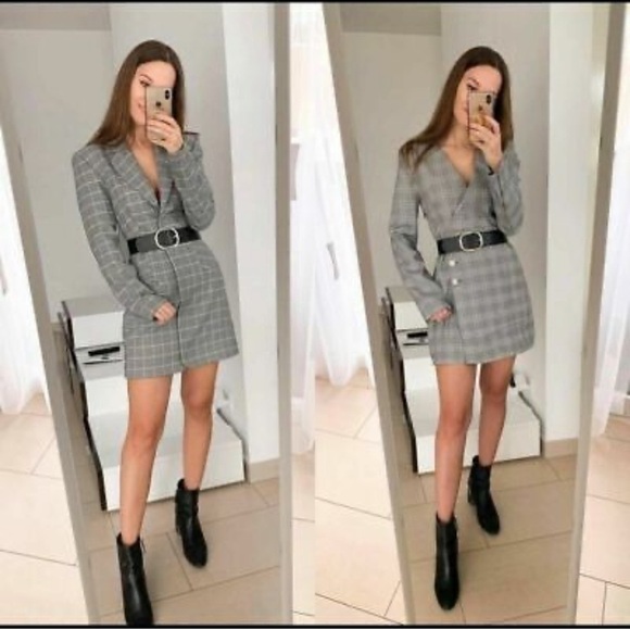 NWT ZARA Blogger Favorite Gray Black Plaid Blazer Mini Dress XS Preppy - Picture 5 of 13